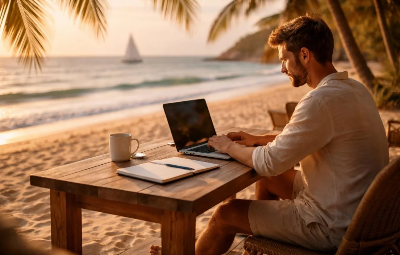 A digital nomad working on the beach